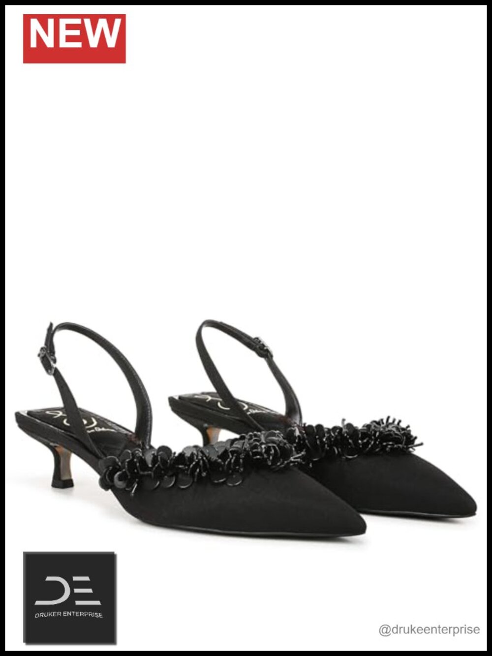 Pointed-Toe Slingback Kitten Heels Floral Eyelash Trim